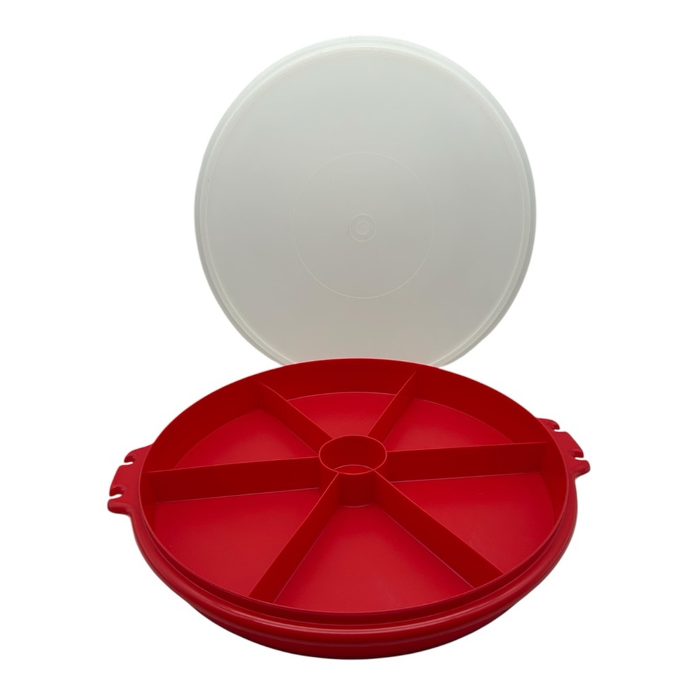 Vintage Tupperware Red Divided Serving Tray Candy Veggie Fruit Meat Cheese w Lid